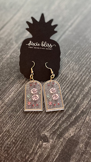 dixie bliss behind the glass rose stained glass arch dangle earrings