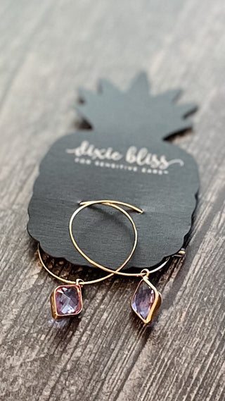 dixie bliss fanciful gold hoop earrings alpine violet faceted stone