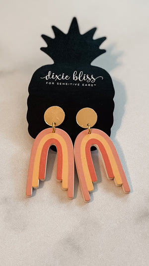 dixie bliss peach burst wood charm rainbow earrings