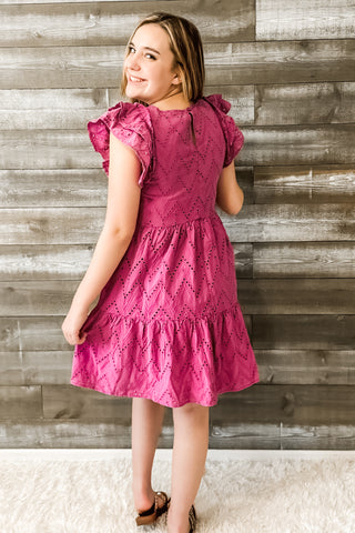 easel magenta mineral washed eyelet lace mini dress ruffle sleeves ED70232