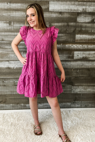 easel magenta mineral washed eyelet lace mini dress ruffle sleeves ED70232