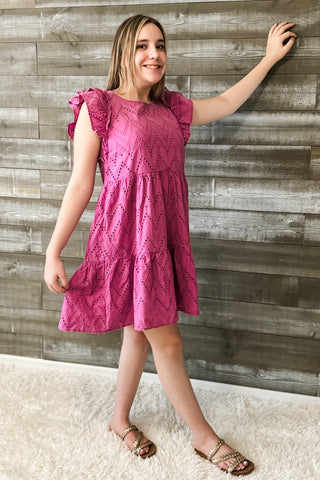 easel magenta mineral washed eyelet lace mini dress ruffle sleeves ED70232