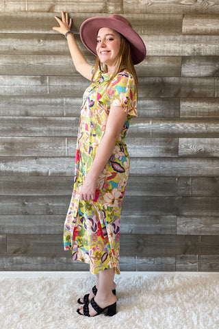 easel floral print mirabelle satin shirt dress in ED70288 pineapple