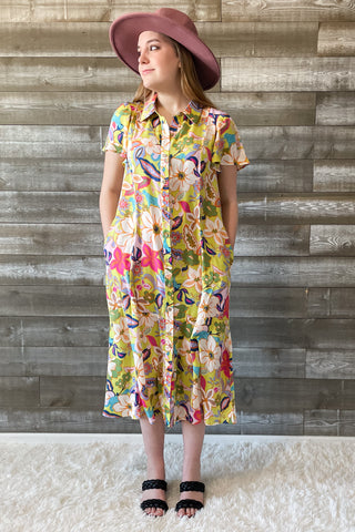 easel floral print mirabelle satin shirt dress in ED70288 pineapple