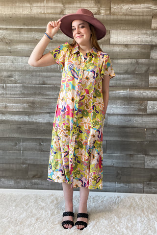 easel floral print mirabelle satin shirt dress in ED70288 pineapple