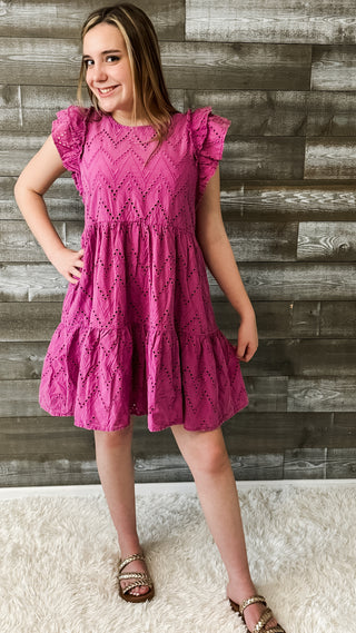 easel magenta mineral washed eyelet lace mini dress ruffle sleeves ED70232