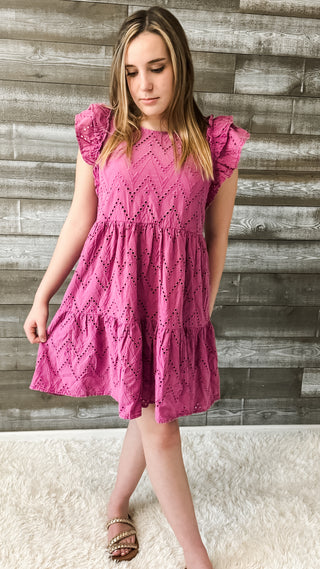 easel magenta mineral washed eyelet lace mini dress ruffle sleeves ED70232