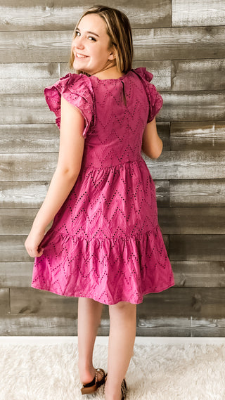 easel magenta mineral washed eyelet lace mini dress ruffle sleeves ED70232