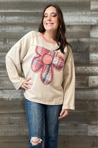 easel ecru terry knit pullover with pink plaid flower patch ET70888