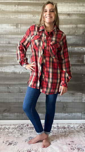 easel long sleeve red plaid flannel button down shirt ET70511