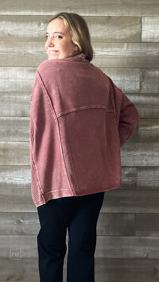 easel open cardigan in mineral wash red bean terry mixed knit ET20552