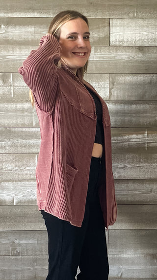 easel open cardigan in mineral wash red bean terry mixed knit ET20552