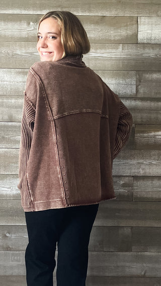 easel open cardigan in mineral wash coffee terry mixed knit ET20552