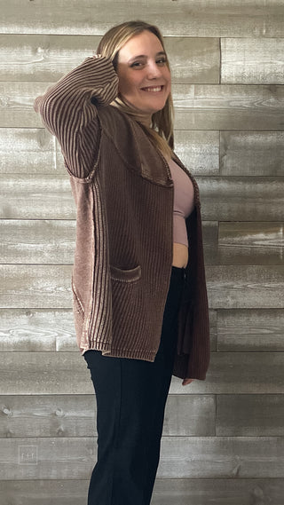 easel open cardigan in mineral wash coffee terry mixed knit ET20552