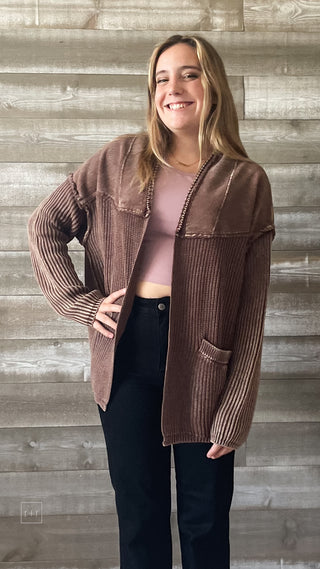 easel open cardigan in mineral wash coffee terry mixed knit ET20552