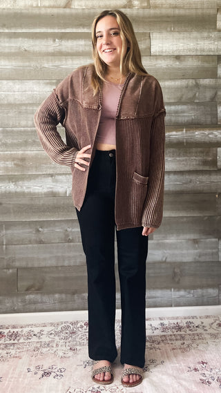 easel open cardigan in mineral wash coffee terry mixed knit ET20552