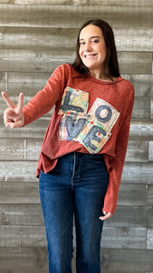 easel brick mineral wash rib knit long sleeve top with love patch design ET24790