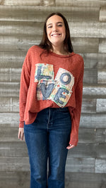 easel brick mineral wash rib knit long sleeve top with love patch design ET24790