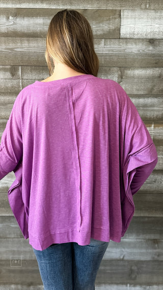 easel orchid long sleeve rib knit pancho layered oversized top ET24756