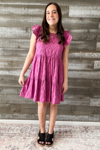 easel magenta mineral washed eyelet lace mini dress knee length ruffle sleeves ED70232