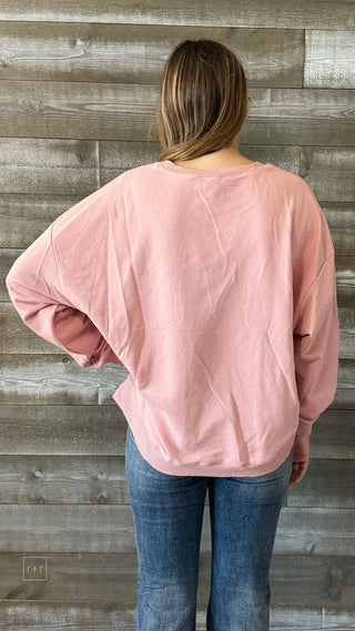 easel coral pink long sleeve sweatshirt rising star patch terry knit ET70855