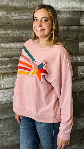 easel coral pink long sleeve sweatshirt rising star patch terry knit ET70855