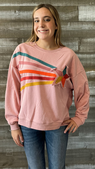 easel coral pink long sleeve sweatshirt rising star patch terry knit ET70855