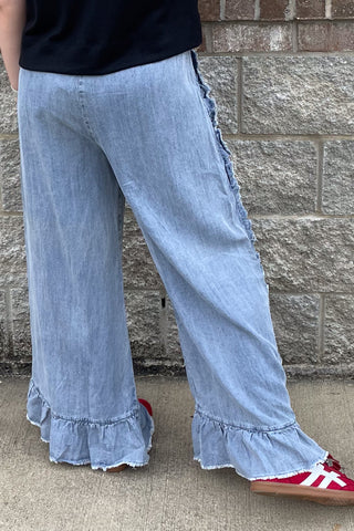 Easel drawstring wide leg chambray ruffled washed denim pants EB558