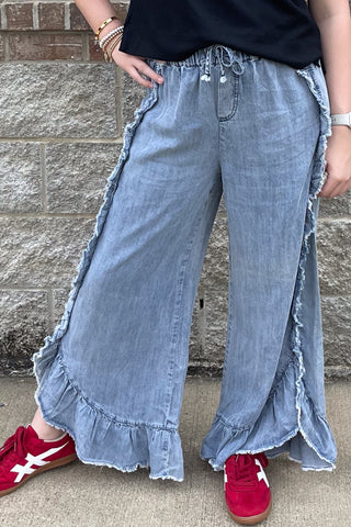Easel drawstring wide leg chambray ruffled washed denim pants EB558