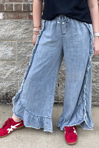 Easel drawstring wide leg chambray ruffled washed denim pants EB558