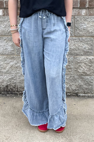 Easel drawstring wide leg chambray ruffled washed denim pants EB558