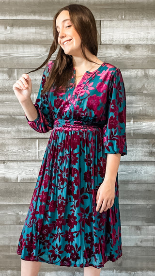 easel teal and magenta floral velvet burnout mesh winter long sleeve midi dress ED71119