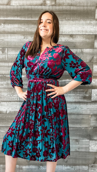 easel teal and magenta floral velvet burnout mesh winter long sleeve midi dress ED71119