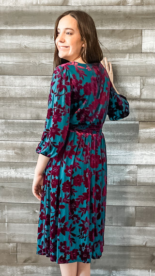 easel teal and magenta floral velvet burnout mesh winter long sleeve midi dress ED71119