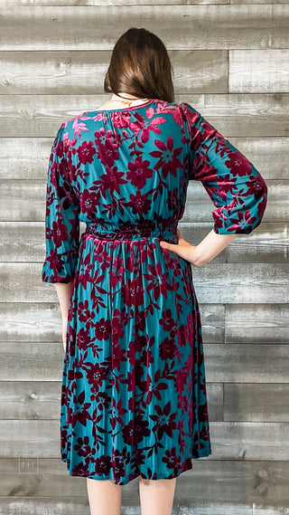 easel teal and magenta floral velvet burnout mesh winter long sleeve midi dress ED71119