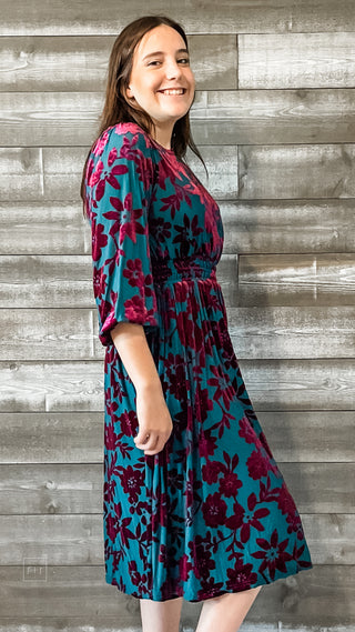 easel teal and magenta floral velvet burnout mesh winter long sleeve midi dress ED71119