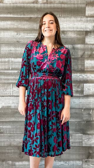 easel teal and magenta floral velvet burnout mesh winter long sleeve midi dress ED71119