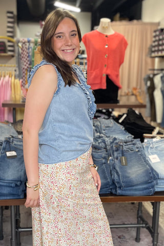 EE:Some snow washed denim sleeveless top ruffle v-neckline TK14655