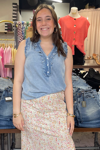 EE:Some snow washed denim sleeveless top ruffle v-neckline TK14655