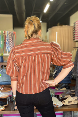 Back view of the ee:some striped half bubble sleeve blouse TH17233 showing the gathered yoke and pleated drape