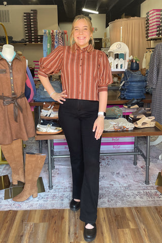 Front view of the ee:some striped half bubble sleeve blouse TH17233 showing the pointed collar and button placket, styled with Judy Blue Black Bootcut Jeans JB881184 and Corkys Footwear Black Whats The Rush wedge shoes