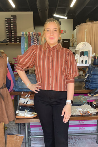 ee:some striped half bubble sleeve cotton blouse TH17233, front view, styled with Judy Blue Black Bootcut Jeans JB881184 and Corkys Footwear Black Whats The Rush wedge shoes