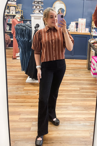 Full-length mirror view of the ee:some striped half bubble sleeve blouse TH17233 styled with Judy Blue Black Bootcut Jeans JB881184 and Corkys Footwear Black Whats The Rush wedge shoes