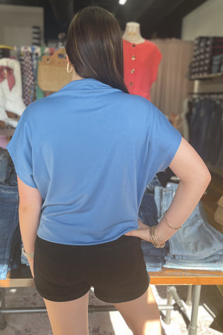 ee:some denim blue boxy short sleeve mock neck pullover top TK14627 for holiday or game day