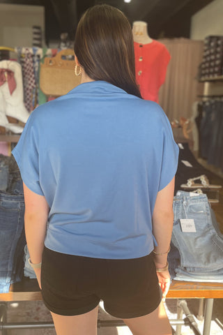 ee:some denim blue boxy short sleeve mock neck pullover top TK14627 for holiday or game day