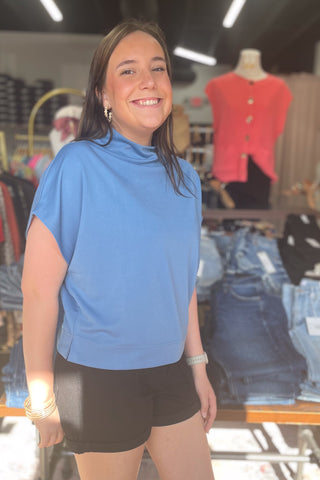 ee:some denim blue boxy short sleeve mock neck pullover top TK14627 for holiday or game day
