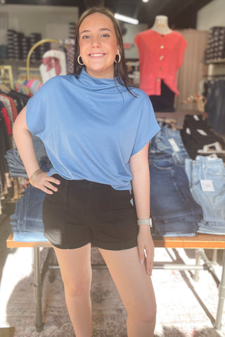 ee:some denim blue boxy short sleeve mock neck pullover top TK14627 for holiday or game day