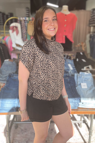 ee:some leopard print short dolman sleeve mock neck boxy top TK13241