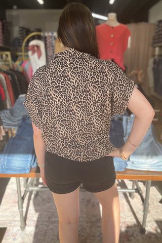 ee:some leopard print short dolman sleeve mock neck boxy top TK13241