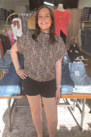ee:some leopard print short dolman sleeve mock neck boxy top TK13241